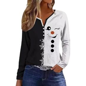 Long Sleeve Notch Neck Christmas T-Shirt for Women V-Neck Winter Family Raglan Xmas Baseball Tops Tees