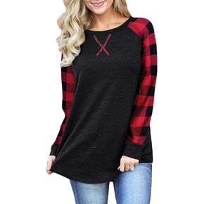 Womens Long Sleeve Buffalo Plaid Shirt Loose Fitting Patchwork Raglan Check Tops