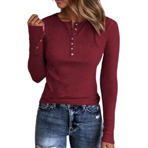 Henley Long Sleeve Shirts for Women, Crewneck Button Down Tops for Women Casual Basic Ribbed Knit Tee Shirts