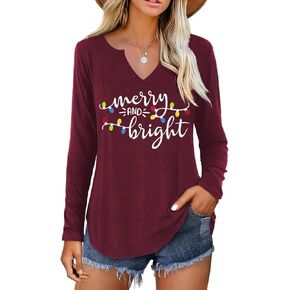 Long Sleeve Notch Neck Christmas T-Shirt for Women V-Neck Winter Family Raglan Xmas Baseball Tops Tees