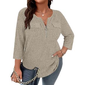 Viracy Women Plus Size Sweaters 3/4 Sleeve Zip V Neck Ribbed Solid Color Casual Blouses Tops XL-5XL