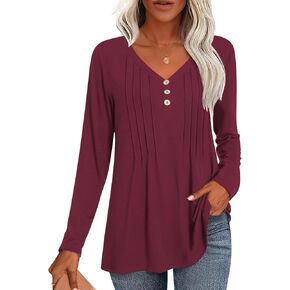 LONGYUAN Long Sleeve Shirts for Women 2024 Button Down Tunic Tops V-Neck Casual Blouses
