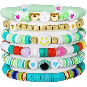 6Pcs Surfer Heishi Friendship Bracelets Set Stackable Stretch Clay Bead Bracelets for Women Preppy Elastic Layering Bracelets Boho Aesthetic Summer Beach Jewelry