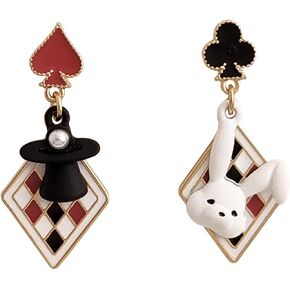 Queen of Hearts Earrings Red Heart Poker Dangle Earrings Asymmetric Rabbit Queen of Heart Hat Poker Earrings Poker Drop Earrings Queen of Hearts Costume Accessories Jewelry for Women