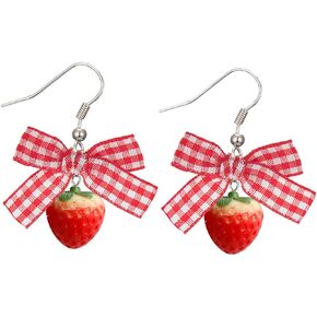 3D Strawberry Earrings for Women Cute Bow Strawberry Earrings Acrylic Fruit Drop Dangle Earrings for Women Jewelry