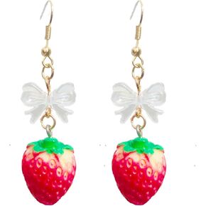 3D Strawberry Earrings for Women Cute Bow Strawberry Earrings Acrylic Fruit Drop Dangle Earrings for Women Jewelry