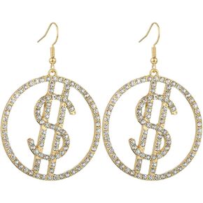 Sparkly Crystal Dollar Sign Dangle Earrings for Women Creative CZ Dollar Earrings Charm Glitter Rhinestone Money Hook Earrings Statement Exaggerated Dollar Rhinestone Earrings