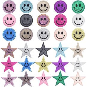 30 Pcs Sequin Round Smiley Face Chenille Patches Cute Iron-On Patches for a Diverse Range of Fabric Clothes DIY Projects