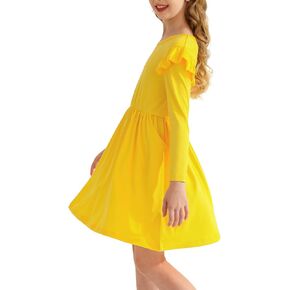 Girls' Long Sleeve Ruffle Trim Dresses Elastic Waist Knee Length Scoop Neck Casual Dress in Kuwait