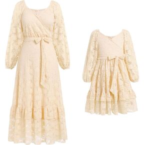 AWIBMK Mommy and Me V Neck Floral Lace Ruffle Long Dress Long Lantern Sleeve Fall Winter Mom Daughter Outfits with Belt