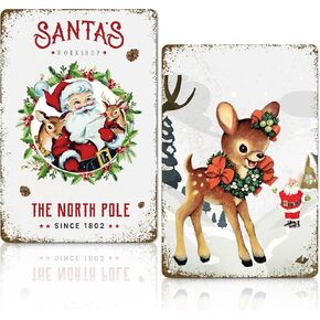 2Pcs Vintage Christmas Decor Santa's Workshop Reindeer Metal Signs Plaque Retro Christmas Wall Art Decor Funny Vintage Santa Reindeer Sign for Home Coffee Shop Wall Decor Poster 8x12in