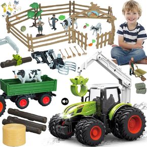 46Pcs Farm Toys, Tractor Toy w/ Lights & Sound, Farm Animals Toys for 3 4 5 6 7 8+ Year Old Toddler Girls Boys Kid, Farm Figures Farmer Vehicle Toy Truck Fence Farm Playset Educational Learning Toys