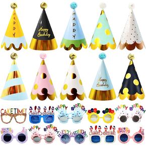 20Pcs Birthday Party Hats for Adults Birthday Sunglasses Funny Rainbow Party Cone Hats Colorful Birthday Supplies