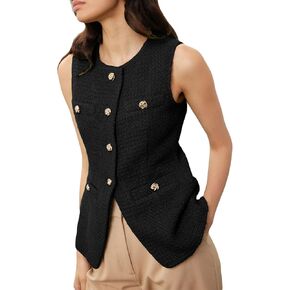 Women's Tweed Blazer Vest Sleeveless Button Front Casual Blazer Jackets Work Office Vest