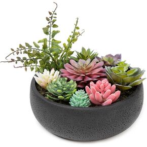 8 Inch Round Modern Artificial Succulent Plant Arrangement, Assorted Fake Plants in Black Concrete Planter Bowl for Home Decoration