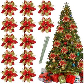 Vanleonet 12 PCS Christmas Glitter Artificial Poinsettia Flowers, Christmas Flowers Decorations, Glitter Poinsettia Tree Ornaments for Christmas Wreath Wedding Xmas Tree Decorations (12pcs-red)