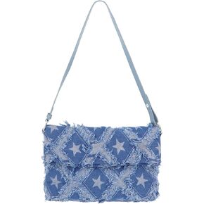 Women Denim Mini Bucket Shoulder Crossbody Bag Drawstring Quilted Distressed Tassel Barrel Shape Satchel Purse