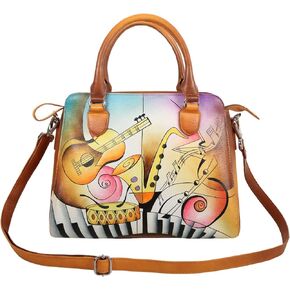 Women’s Hand Painted Leather Purse Handbag, Genuine Leather Golden Brown Musical Hand Painted Leather Satchel Bag for Women, Premium Double Compartment Tote Bag, Gift Packed