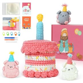 Crochet Kit for Beginners, Crochet Birthday Party Kit with Step-by-Step Video Tutorial, Learn to Crochet Starter Kit with DIY Knitting Supplies, Birthday Holiday Gifts for Kids Adults( 40%+ Yarn）
