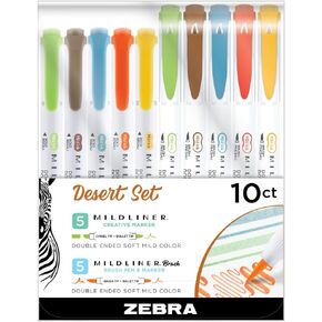 Zebra Pen Desert Set, Includes 5 Mildliner Highlighters and 5 Mildliner Brush Pens, Assorted Desert Ink Colors, 10-Pack