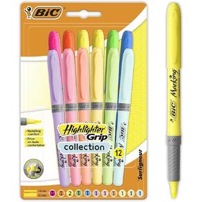 Bic Highlighter Grip, Ribbed Rubber Grip for Extra Comfort, Water-Based Ink, Assorted Intense and Pastel Colours, Pack of 12