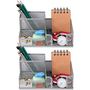 2 Pcs Metal Pen Organizer for Desk with 3 Compartments, Office Desktop Organizer Pencil Cup Caddy for Stationery Marker Storage School Home Supplies(Black，Silver (Black)