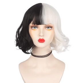 Women Cosplay Costume Wig Half Black And White Fluffy Short Curly Synthetic Wigs for Halloween Christmas Carnival Party Daily