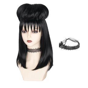 Yan Dream Black Women Wig with Detachable Bun and Choker Gothic Bride Costume Halloween Cosplay Wig