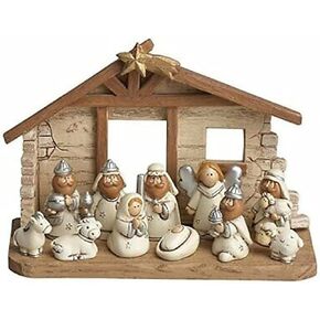Miniature Nativity Scene with Creche, Set of 12 Rearrangeable Figures.