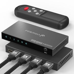 Fosmon 5-Port HDMI 8K Switch with Remote, Support 8K@60Hz 4K@120Hz HDR10+ HDCP 2.3 High Speed 48Gbps 5 in 1 Out Auto-Switching 5x1 HDMI 2.1 Switcher Splitter Hub Compatible with PS5, Xbox X, Apple TV