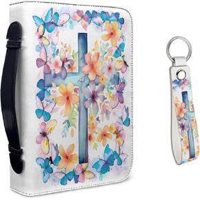 Kuiaobaty Flower Print Leather Bible Covers with Matched Leather Keychain Bible Case with Handle Large Protective Carrying Bible Cover Bag for Women Men Kids Tote Organizer for Bible Books Tablet