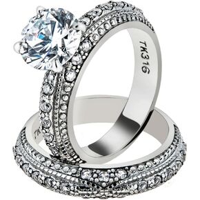 Marimor Jewelry 3.25 Carat Round Cut Cubic Zirconia Vintage Stainless Steel Wedding Ring Set Women's Size 5-10