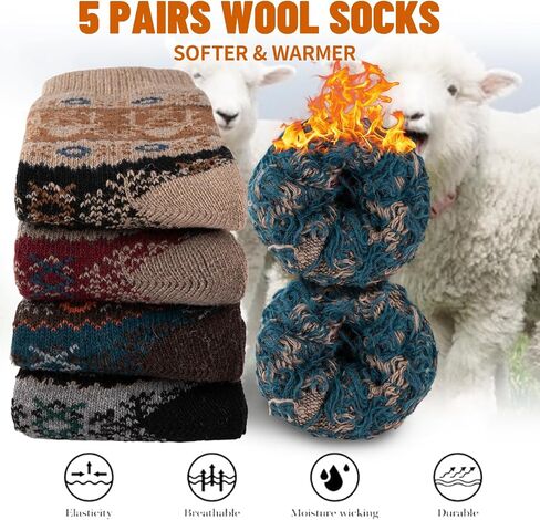 COOVAN Mens Warm Wool Socks Thermal Winter Thick Crew Socks Cold Weather Soft Cozy Socks 5 Pairs in Saudi Arabia