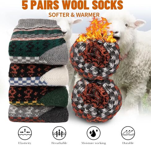COOVAN Mens Warm Wool Socks Thermal Winter Thick Crew Socks Cold Weather Soft Cozy Socks 5 Pairs in Saudi Arabia