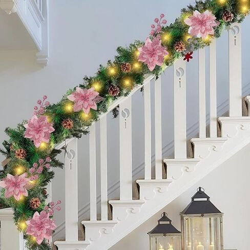 24 Pcs Pink Boxed Christmas Poinsettia Flowers Set, 16 Pcs Artificial Poinsettias with Clips, 8 pcs Glitter Christmas Tree Ornaments Berry Stems for Wedding Home Holiday Xmas New Year Decorations in Saudi Arabia