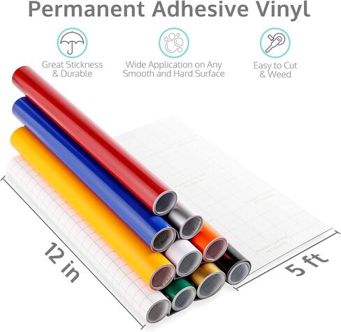OFFNOVA لفة فينيل دائمة مقاس 12 بوصة × 5 أقدام، 9 ألوان متنوعة من الفينيل اللاصق للكريكات، صورة ظلية، 1 لفة شريط نقل، لفات لاصقة لاصقة - سهلة القطع والأعشاب in Kuwait