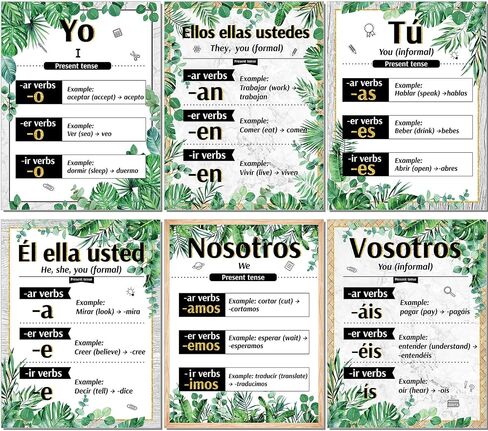 Pasimy 6 Pcs Spanish Verb Conjugation Posters Eucalyptus Classroom Decorations Greenery Spanish Grammar Chart Spanish Present Tense Regular Verbs Learning Materials for Elementary Middle High School in Saudi Arabia