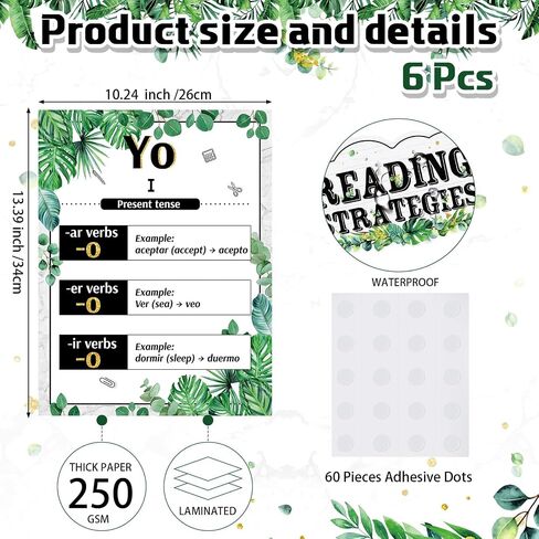 Pasimy 6 Pcs Spanish Verb Conjugation Posters Eucalyptus Classroom Decorations Greenery Spanish Grammar Chart Spanish Present Tense Regular Verbs Learning Materials for Elementary Middle High School in Saudi Arabia