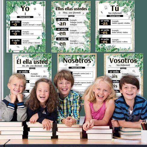 Pasimy 6 Pcs Spanish Verb Conjugation Posters Eucalyptus Classroom Decorations Greenery Spanish Grammar Chart Spanish Present Tense Regular Verbs Learning Materials for Elementary Middle High School in Saudi Arabia