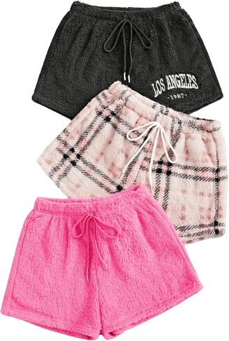 Milumia Women's 3 Pack Plaid Fuzzy Tie Front Pajama Bottoms Cute Lounge Shorts in Saudi Arabia