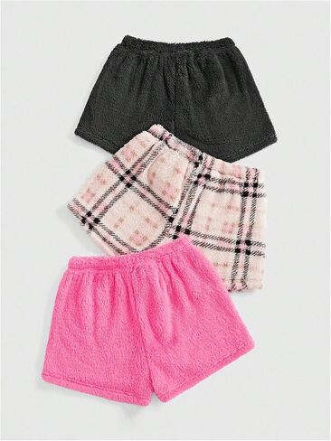 Milumia Women's 3 Pack Plaid Fuzzy Tie Front Pajama Bottoms Cute Lounge Shorts in Saudi Arabia