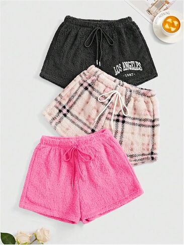 Milumia Women's 3 Pack Plaid Fuzzy Tie Front Pajama Bottoms Cute Lounge Shorts in Saudi Arabia