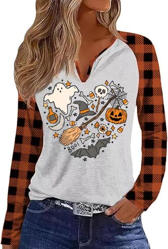 Fall Season V Neck Shirt for Women Funny Halloween Thanksgiving Plaid Long Sleeve Graphic Tee Family Party Raglan Tops in Saudi Arabia