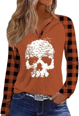 Fall Season V Neck Shirt for Women Funny Halloween Thanksgiving Plaid Long Sleeve Graphic Tee Family Party Raglan Tops in Saudi Arabia