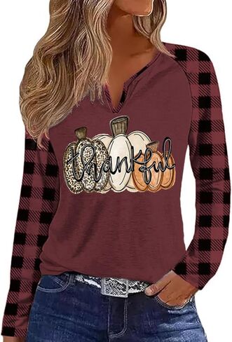 Fall Season V Neck Shirt for Women Funny Halloween Thanksgiving Plaid Long Sleeve Graphic Tee Family Party Raglan Tops in Saudi Arabia