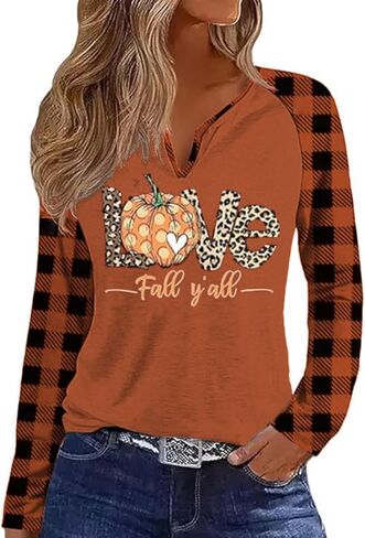 Fall Season V Neck Shirt for Women Funny Halloween Thanksgiving Plaid Long Sleeve Graphic Tee Family Party Raglan Tops in Saudi Arabia