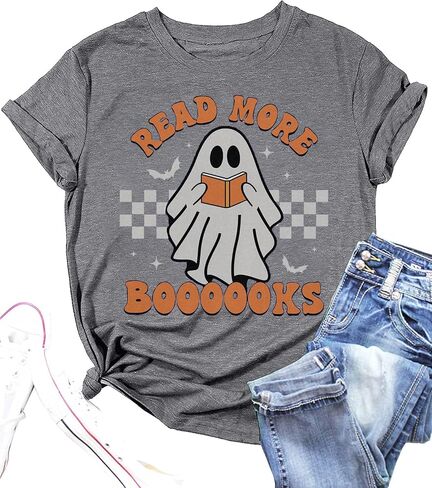 Teacher Halloween Shirt Women Read More Books T-Shirt Spooky Teacher Ghost Tees Short Sleeve Halloween Party Tops in Kuwait