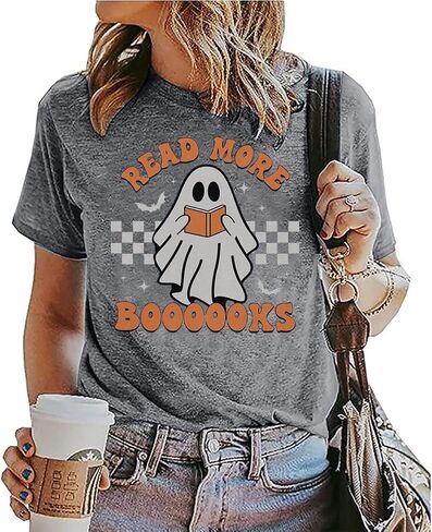 Teacher Halloween Shirt Women Read More Books T-Shirt Spooky Teacher Ghost Tees Short Sleeve Halloween Party Tops in Kuwait