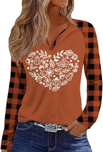 Fall Season V Neck Shirt for Women Funny Halloween Thanksgiving Plaid Long Sleeve Graphic Tee Family Party Raglan Tops in Saudi Arabia