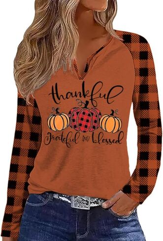 Fall Season V Neck Shirt for Women Funny Halloween Thanksgiving Plaid Long Sleeve Graphic Tee Family Party Raglan Tops in Saudi Arabia